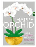 Orchid poster: white blossoms, green leaves, gold pot, 'HAPPY ORCHID' text