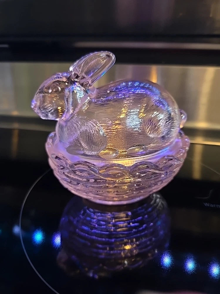 Clear glass covered dish with rabbit on woven basket, easter decor