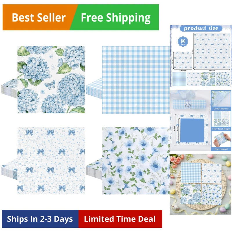 80Pcs Blue Floral Napkins, 6.5 In Hydrangea Napkins 2 Ply Vintage Decorative ... Hydrangea