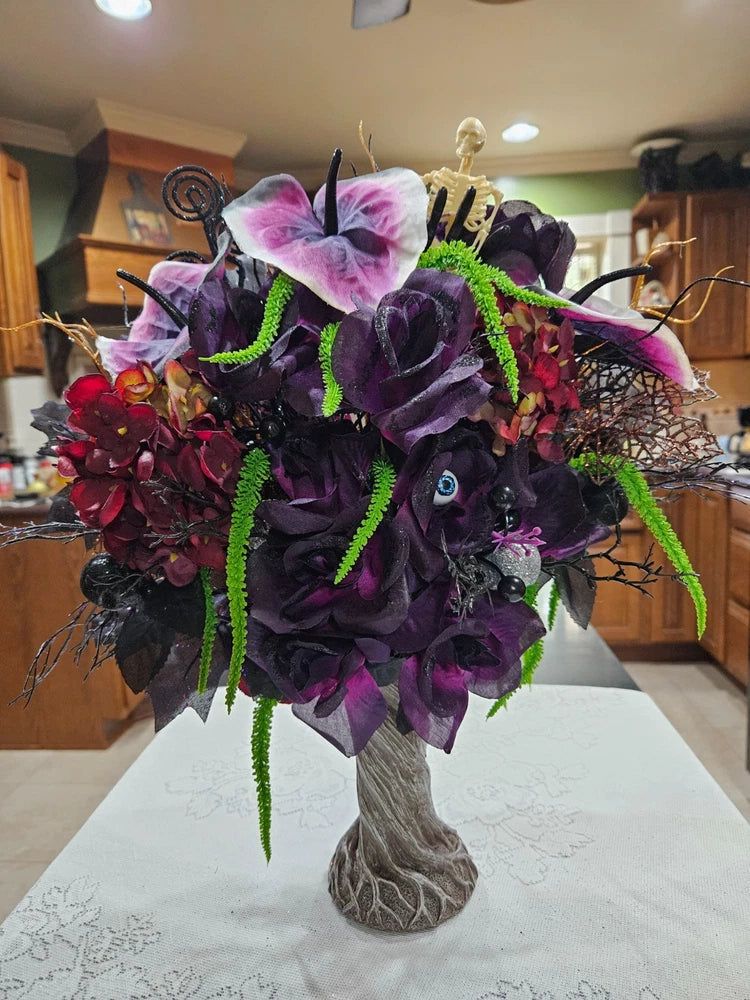 Eerie Halloween Floral, Dead Tree Vase, Roses, Hydrangea, Skeleton, Eyeball Hydrangea