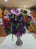 Eerie Halloween Floral, Dead Tree Vase, Roses, Hydrangea, Skeleton, Eyeball Hydrangea