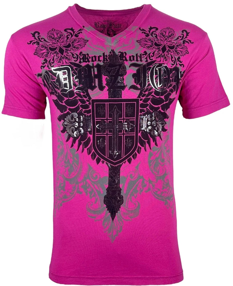 Men's magenta t-shirt with large gothic biker cross and rose crest graphic