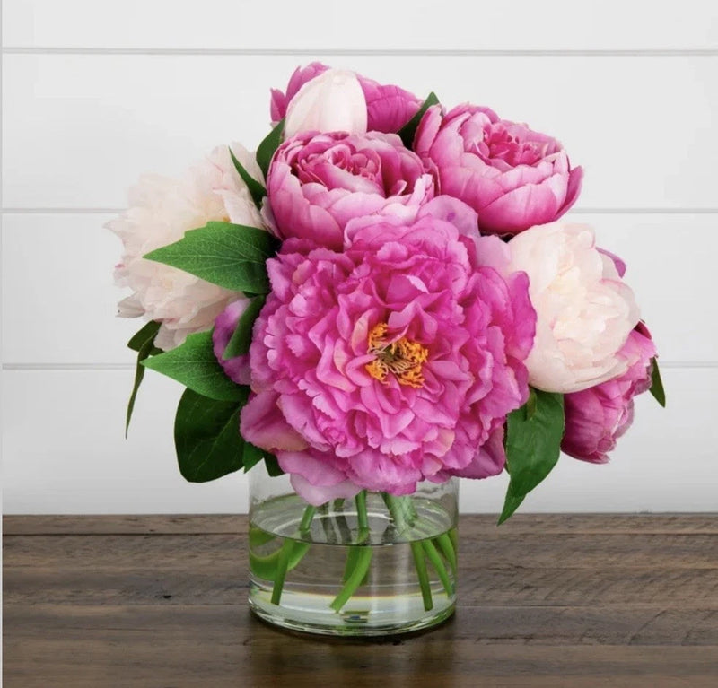 Faux 12Ó Peony Arrangement in Glass Vase Home Decor White Green New Hydrangea