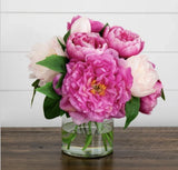 Faux 12Ó Peony Arrangement in Glass Vase Home Decor White Green New Hydrangea