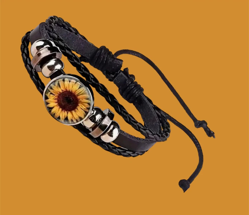 Black braided sunflower charm adjustable bracelet with round yellow flower pendant and metal clasp