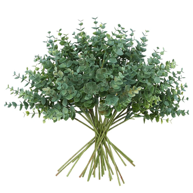 12-pack faux eucalyptus stems with multiple green leafy branches and thin stems