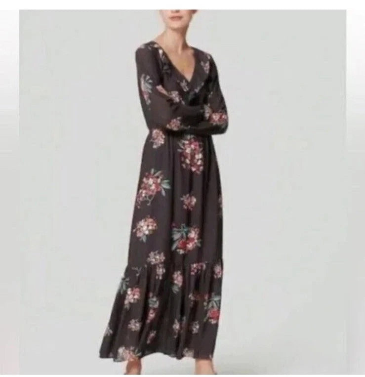 Ann Taylor Loft Hydrangea Tiered Ruffled V-Neck Long Sleeve Maxi Dress Size S Hydrangea