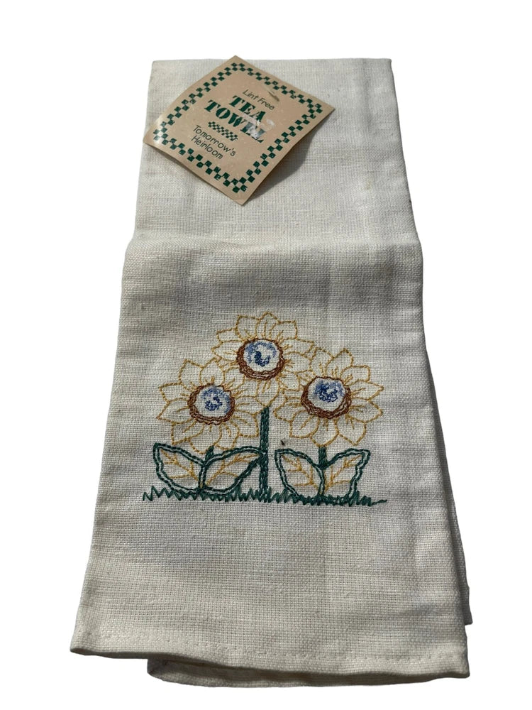 NOS Vintage Lint Free Hand Tea Towel Embroidered Floral Sunflower Tan Beige Sunflower