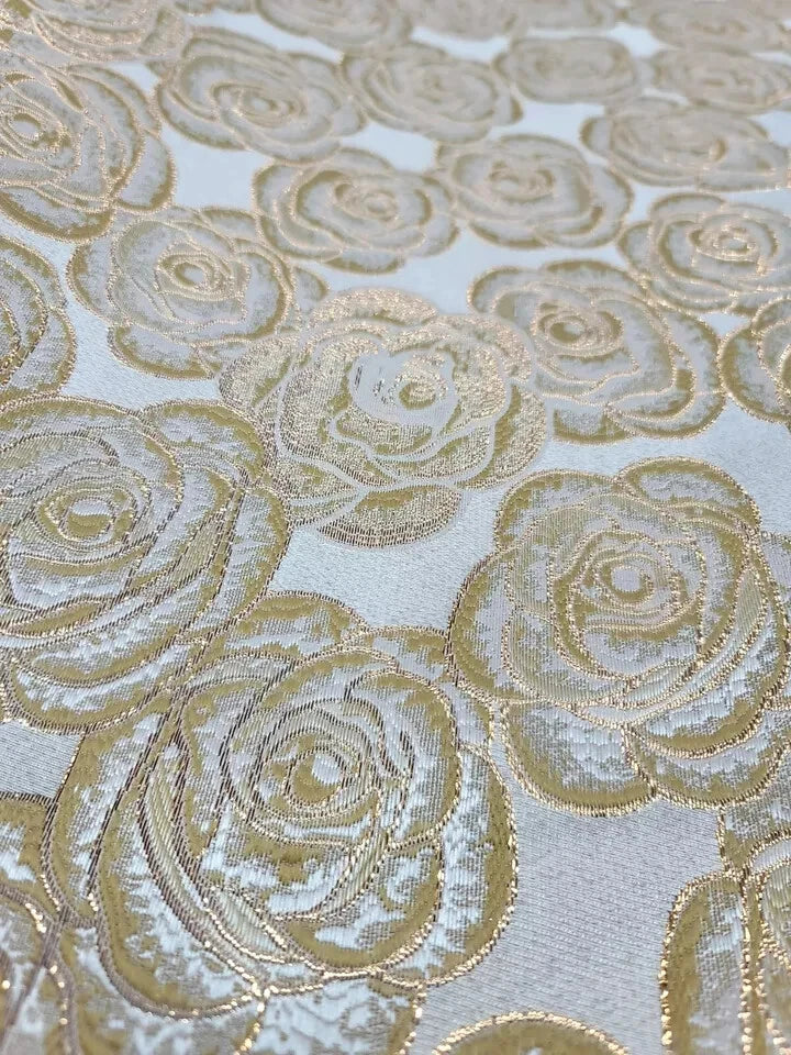 "Beige Fabric with Metallic Gold Floral Brocade Ð Sold by the Yard for Upholster Flowering Plants