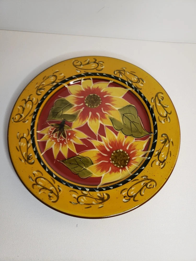 Salad plate with yellow rim and sunflower floral center, paisley border