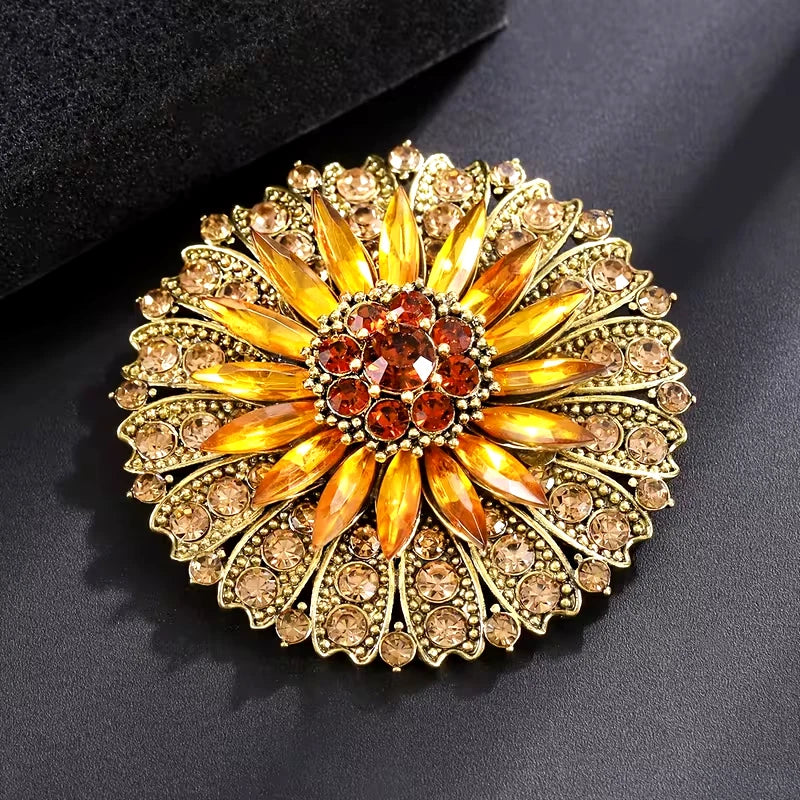 Vintage Sunflower Flower Shiny Rhinestone Brooch Pin  Women Holiday Gift Sunflower