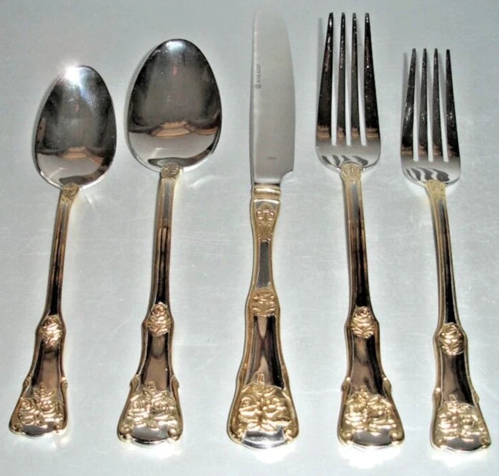 5-piece place setting flatware set, stainless steel with gold Old Country Roses handles