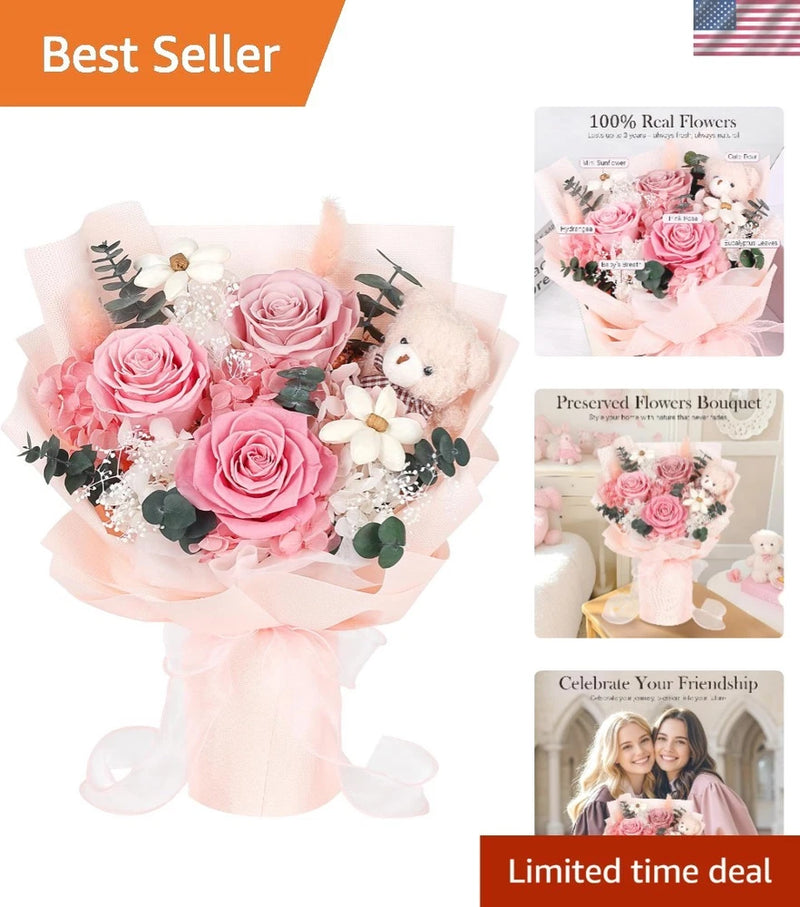 Preserved Flowers Bouquet Pink Roses Teddy Bear Gift for Women Anniversary Sunflower