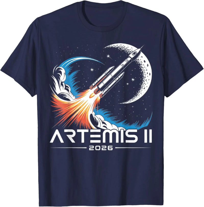 Navy unisex t-shirt with rocket and moon graphic, Artemis II 2026