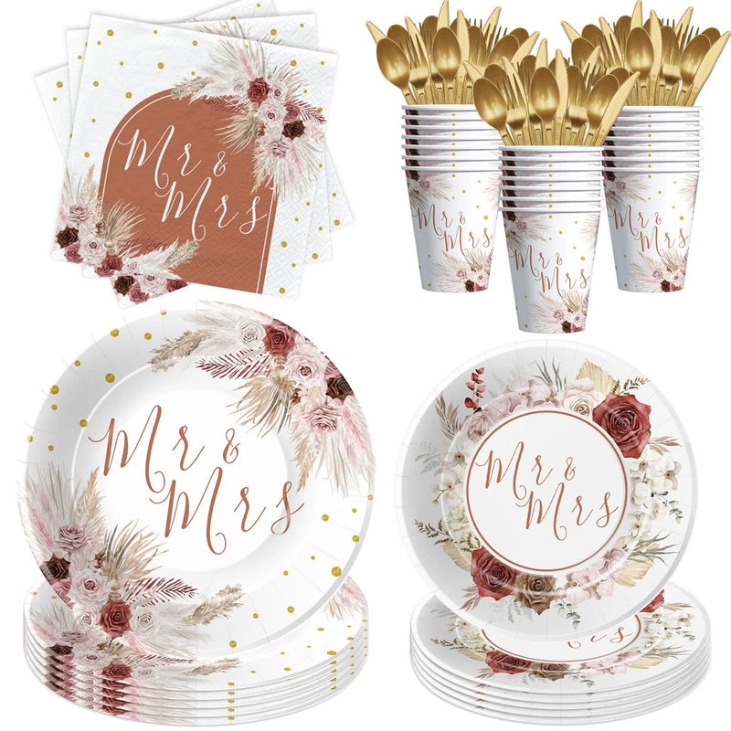 Mr And Mrs Bridal Shower Decorations Tableware, Mr Mrs Boho Wedding Party Sup... Pampas Grass