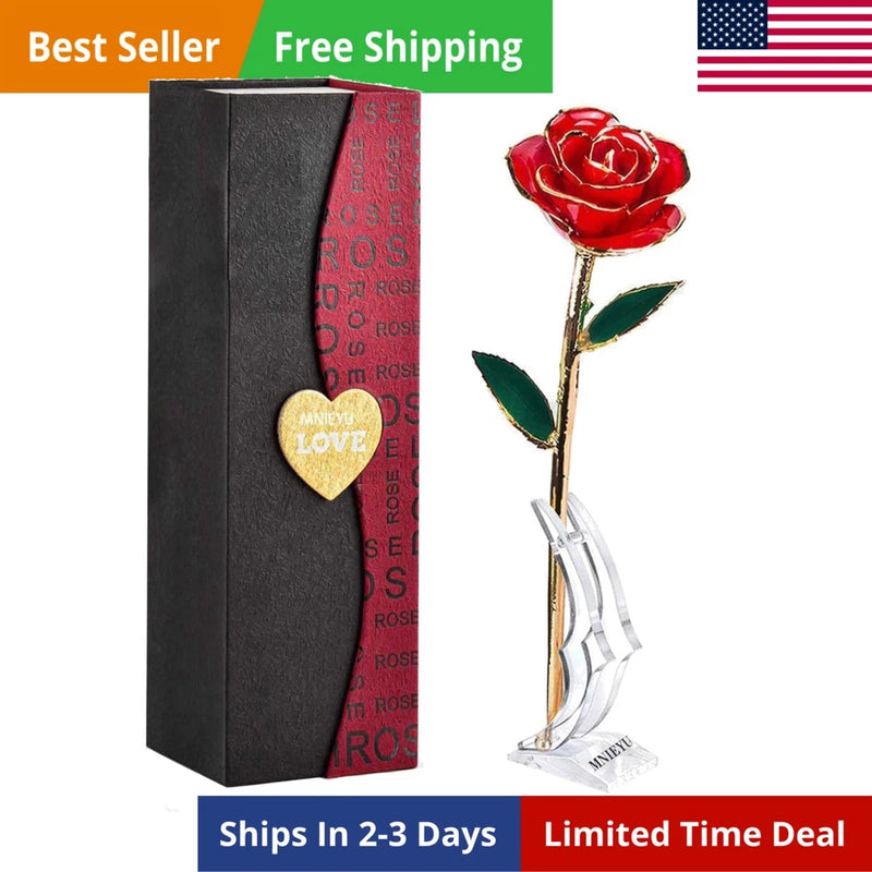Gold-dipped red rose on metallic stand with dark gift box and ribbon