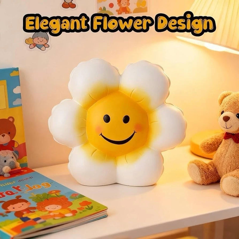 Sunflower piggy bank with yellow center and smiling face, white flower petals