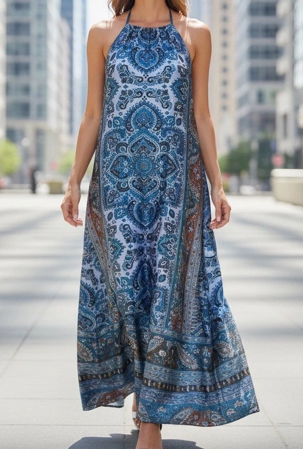 Lily by Firmiana blue paisley halter maxi dress with flowy tiered skirt