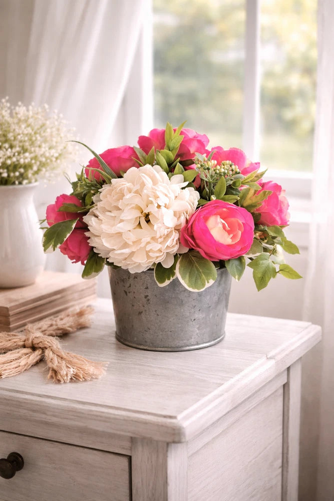 Spring Floral Arrangement in Galvanized Bucket, Farmhouse Centerpiece, Pink Ranunculus