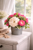 Spring Floral Arrangement in Galvanized Bucket, Farmhouse Centerpiece, Pink Ranunculus