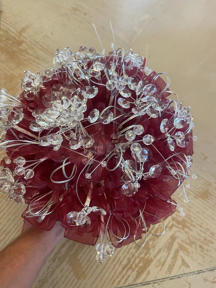 Burgundy/ Maroon Ramo Quincea–era Ribbon/ Clear Crystals / Beads Bouquet Bouquet
