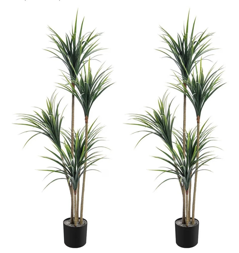 Artificial yucca tree set of 2 in black nursery pots, tall spiky green leaves