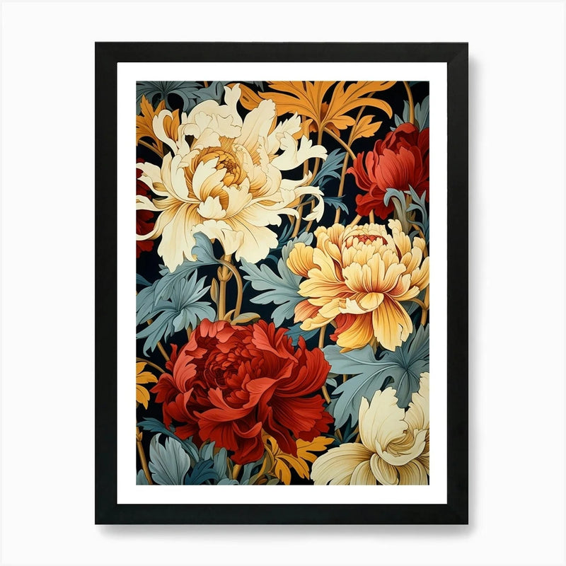 Framed floral art print with cream and red peonies and teal leaves, black frame