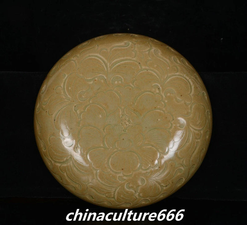 6.4" Song Dynasty Yaozhou Kiln Porcelain Peony Flower Pattern Jewelry Box Statue Peony