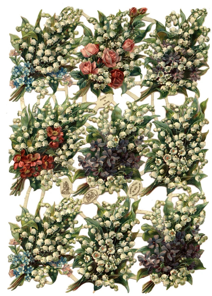 Lily of the Valley flowers Tuck paper die cut scraps sheet 929, circa 1890 Lily