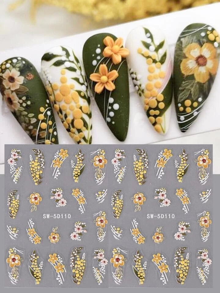 5D Nail Art Stickers Decal Flowers Floral Daisy Daisies Fern Decoration SW5D0110 Daisies