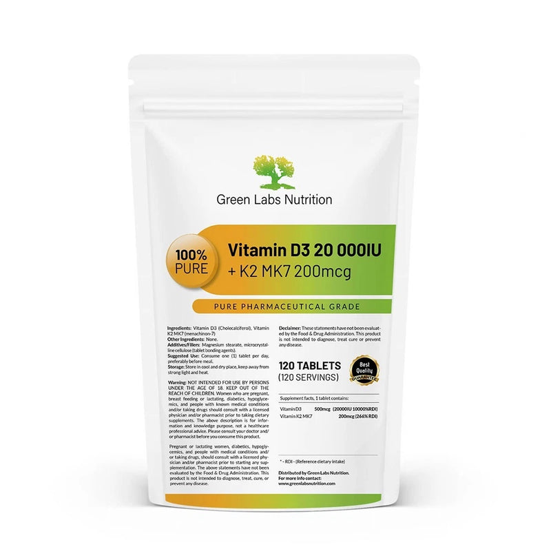 Vitamin D3 20000IU + K2 MK7 200mcg Tablets Ð Immune Support, Bone Strength Boost Green Plant