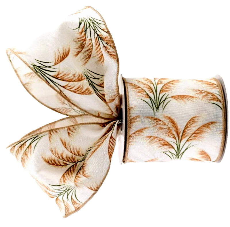 Summer Pampas Grass 4" by 2 yard Wired Ribbon Beiges on Ivory Canvas Beach Pampas Grass