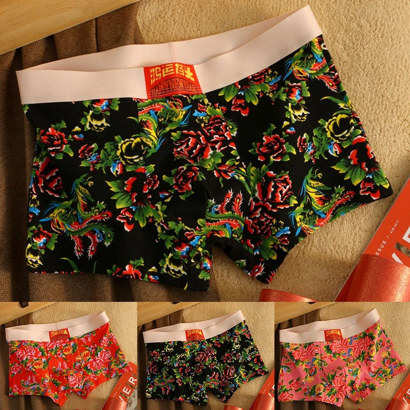 Green Men's Peony Flower Boxer Briefs Cotton Underwear with Comfortable Pouch Peony