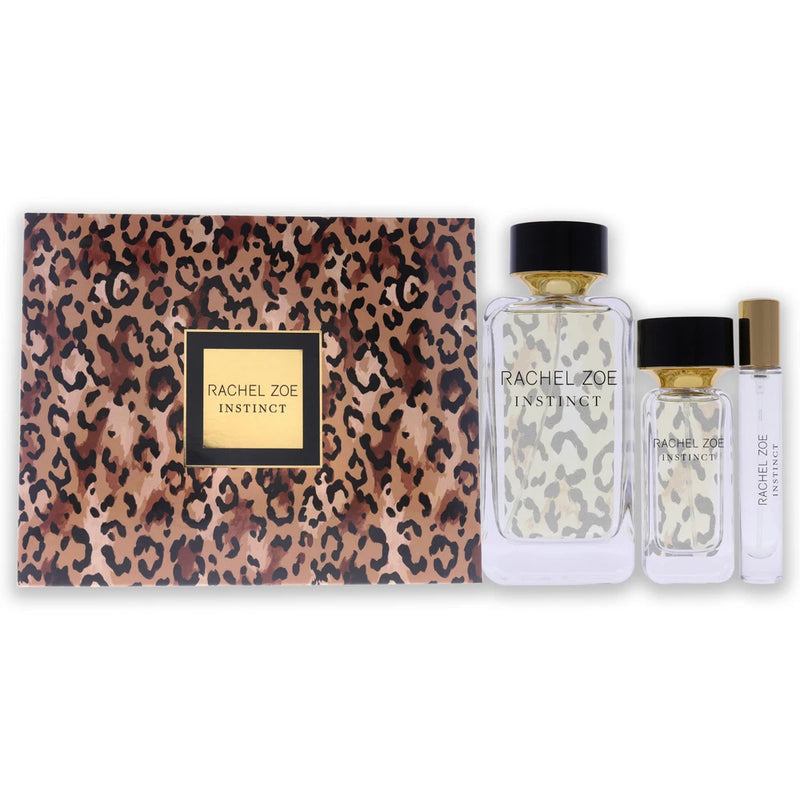 Rachel Zoe Instinct EDP gift set: leopard box, 3 spray bottles with gold caps