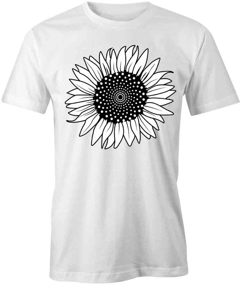 White cotton T-shirt with black sunflower daisy-style graphic on front