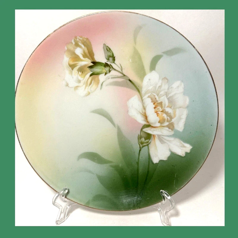 RS Germany Handpainted Carnation Plate Royal Cologne Plate Pink Rose Green Sage Carnation