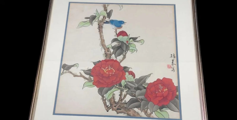 Framed vintage watercolor artwork with red peonies and bluebird on branch