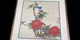 Signed Vintage Chinese watercolor, peony flower, Eastern bluebird 20