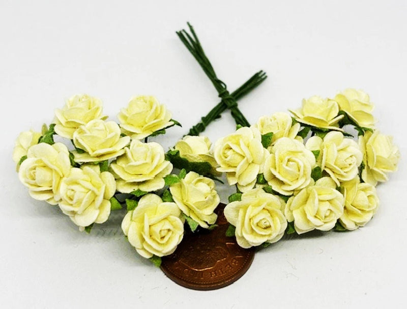 Pale yellow paper rose bunches with green stems, 1:12 scale dolls house garden accessory