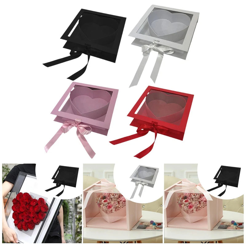 Heart-shaped flower box with clear top and ribbon bow, assorted colors