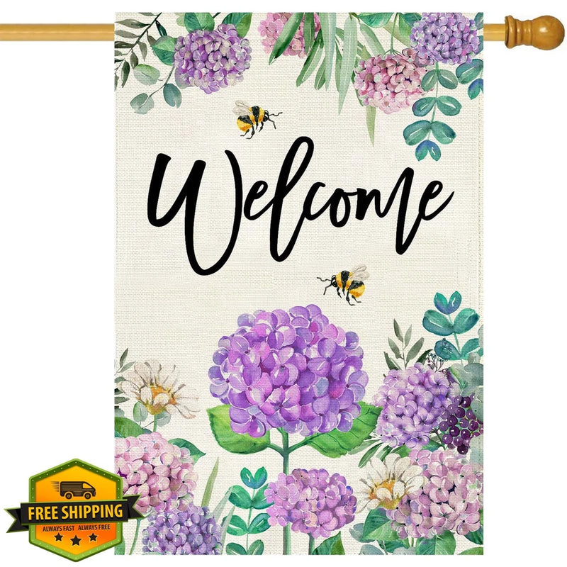 Hydrangea House Flag 28x40 Double Sided Purple Floral Welcome Yard Decor Hydrangea