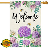 Hydrangea House Flag 28x40 Double Sided Purple Floral Welcome Yard Decor Hydrangea