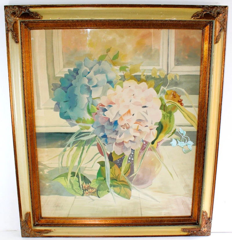 VINTAGE WATERCOLOR PAINTING ON PAPER SIGNED  FLOWERS STILL LIFE hydrangeas Hydrangea