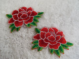 2 pcs Red Peony Flower 3-1/2" Embroidery Iron-on Patch Set (E15) Peony
