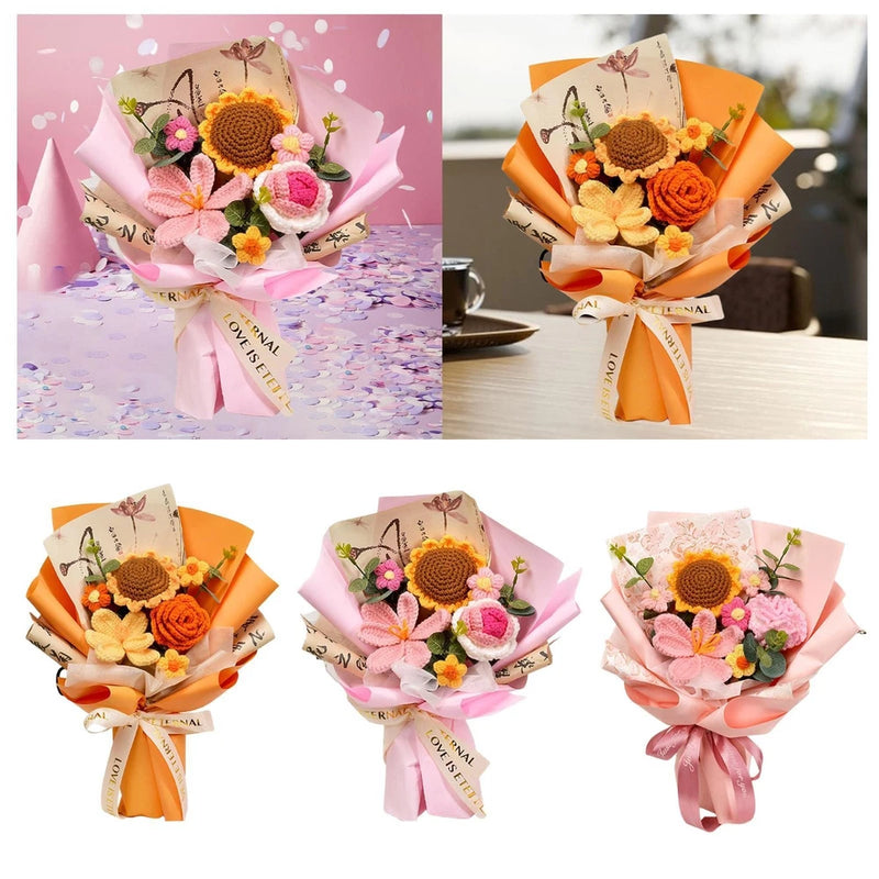 Handmade crochet flower bouquet with pink, orange, and yellow knitted blooms, wrapped gift