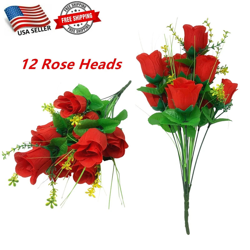 Artificial red rose bouquet with green leaves, 12 rose heads, silk-style petals