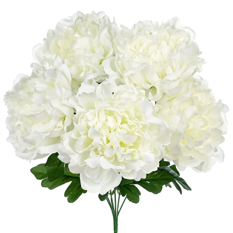 Artificial white faux silk peony bouquet with full blooms and green leaves