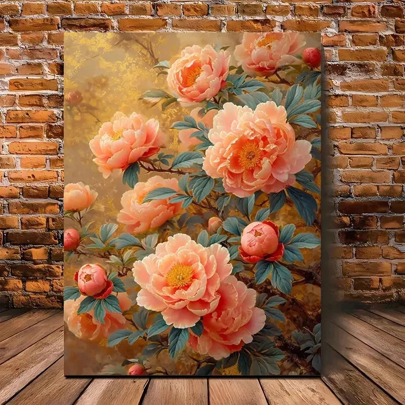 Peony floral wall art canvas with peach-pink blooms and green leaves