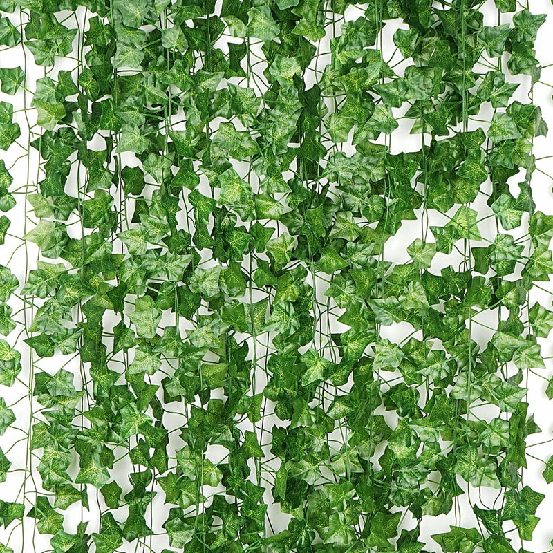 Green artificial ivy leaf garland vines with dense hanging leaves, 12-pack, 86 ft