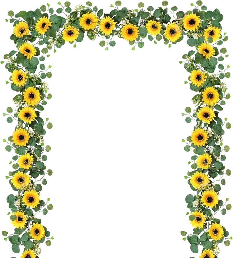 Artificial sunflower garland with yellow blooms and green leafy vines, circular wreath